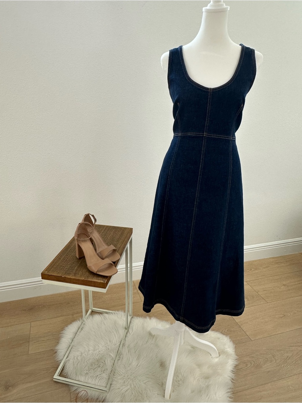 LOFT Dark Blue Denim Scoop-Neck A-Line Dress
